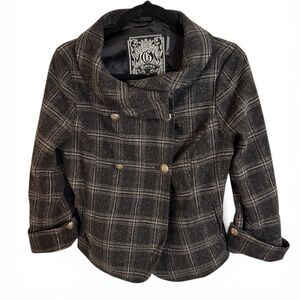 Vintage Guess Double Breasted Plaid Pea Coat Jacket Grey Shawl Collar Size L